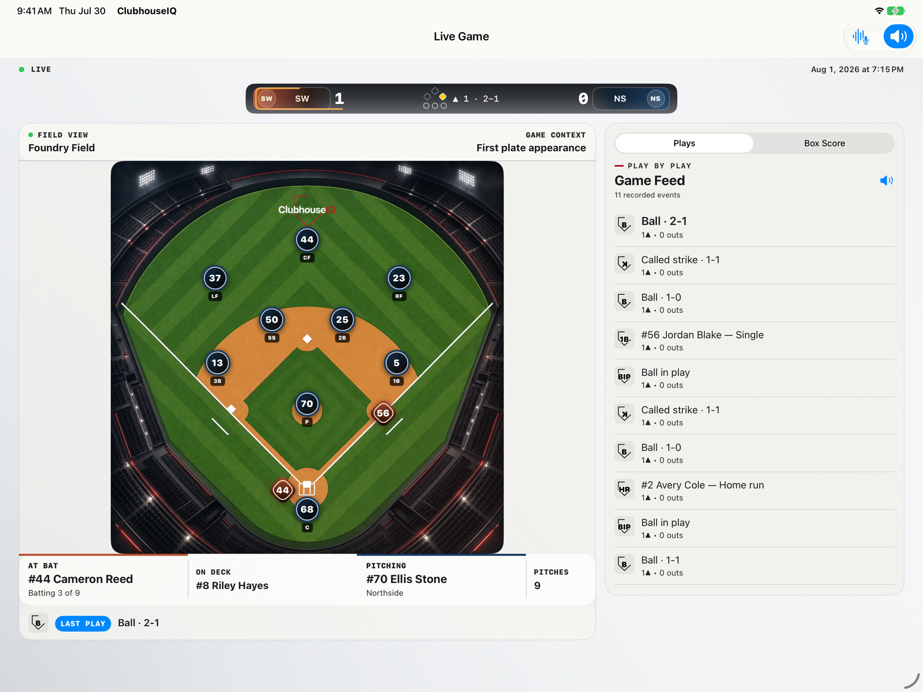 ClubhouseIQ baseball Live Game on iPad at Foundry Field