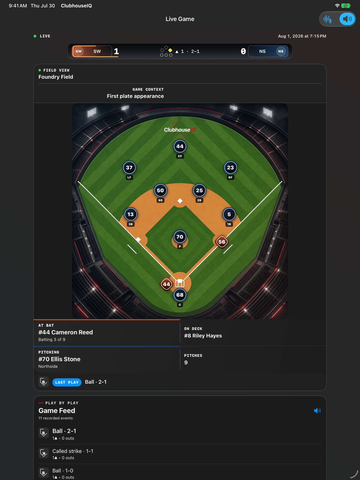 ClubhouseIQ baseball Live Game in dark mode on iPad