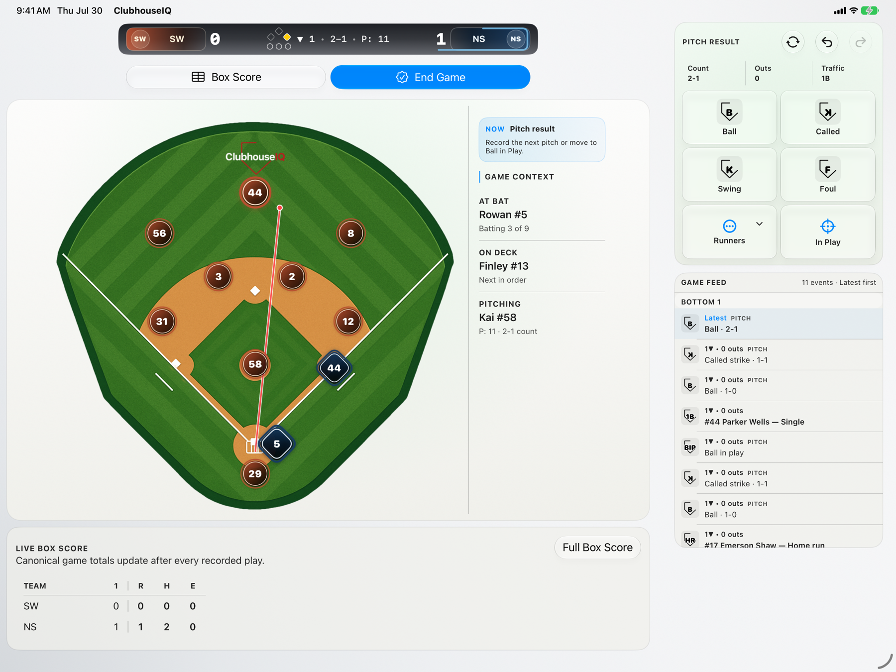 Baseball line-drive path in the ClubhouseIQ iPad scoring view