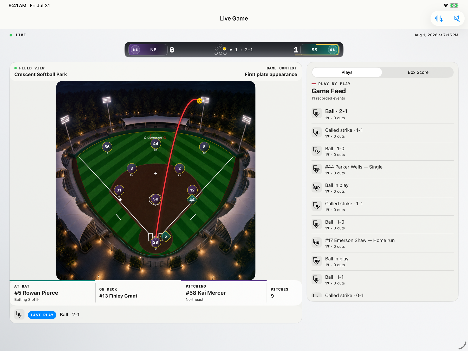ClubhouseIQ softball Live Game on iPad at Crescent Softball Park