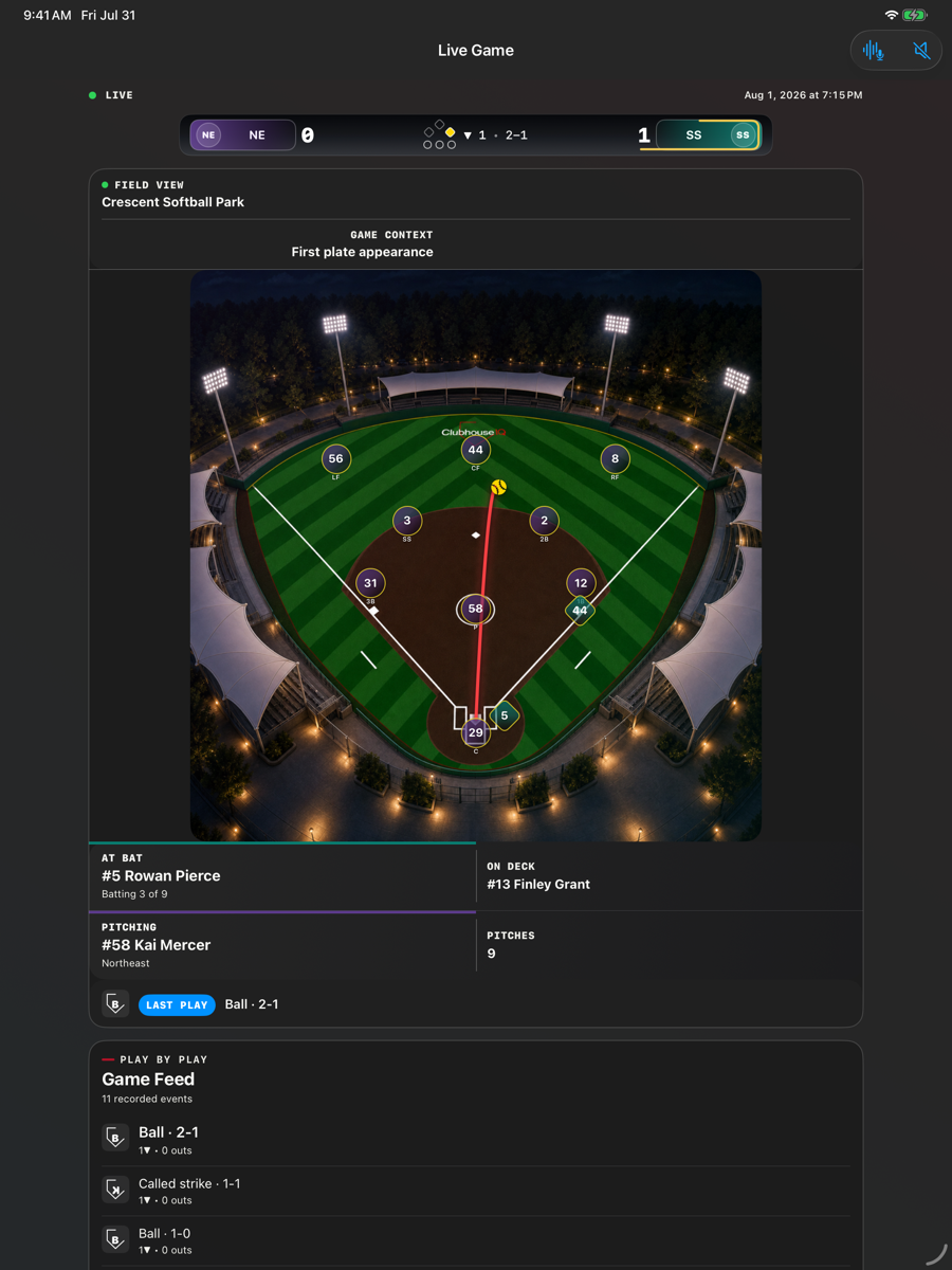 ClubhouseIQ softball Live Game with a ball-in-play path in dark mode on iPad
