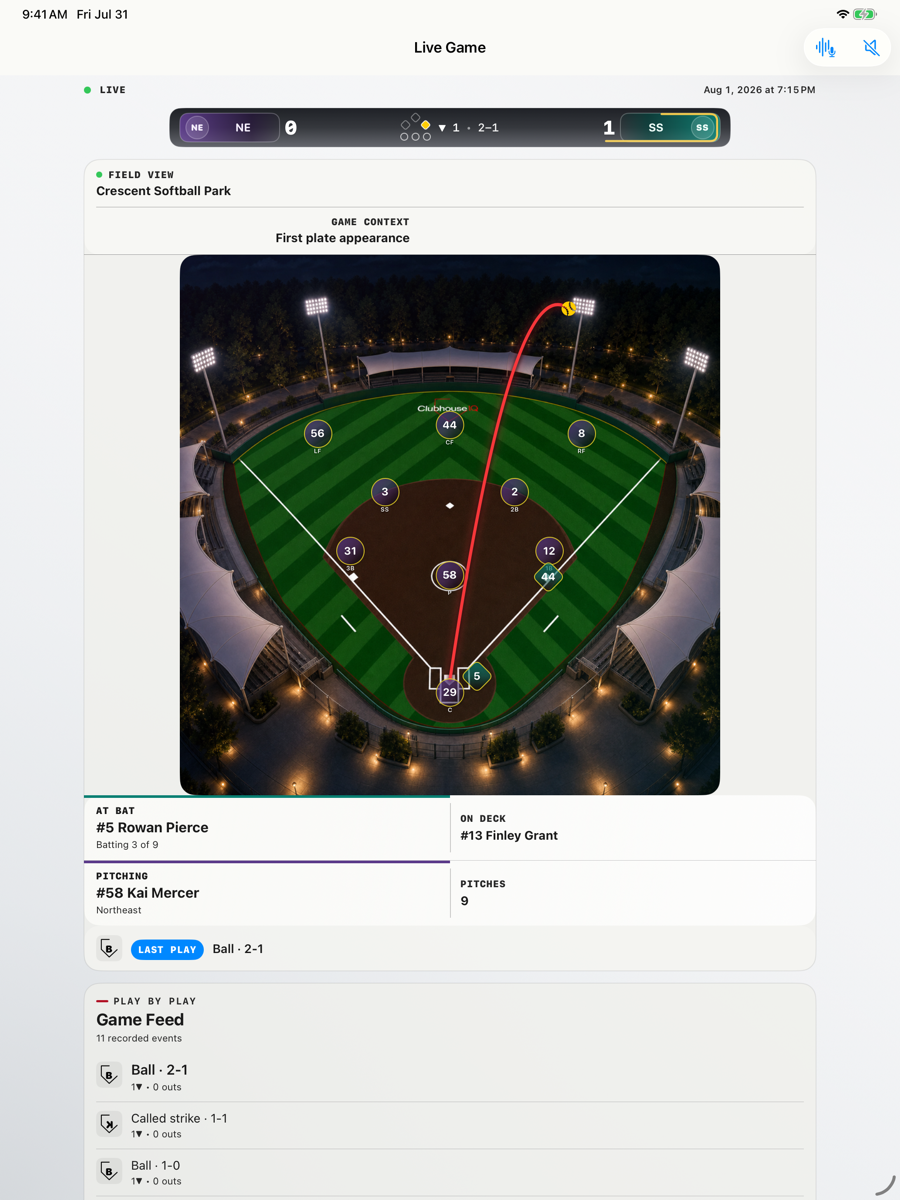 ClubhouseIQ softball Live Game with a home-run path on iPad