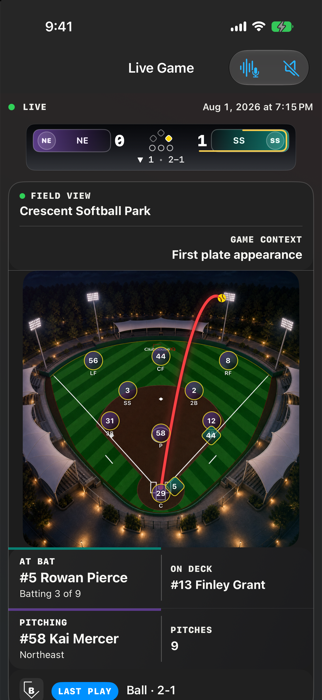 ClubhouseIQ softball Live Game with a home-run path in dark mode on iPhone